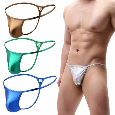 £4.55 • Buy Sexy Men Thong T-back Wet Look Underwear U-Convex Faux Leather Ice Silk G-string