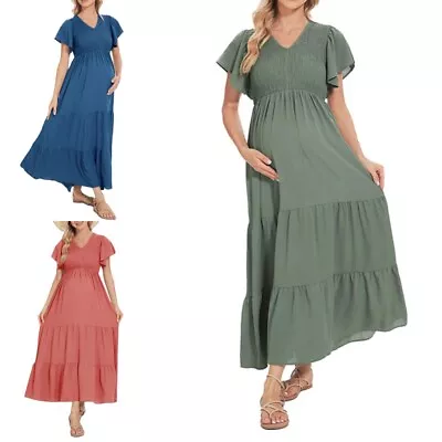 Women Pregnancy Dress Pleated Maternity Ladies Short Sleeve Holiday Baggy V Neck • £18.99