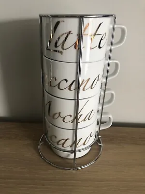 NEW 4 Stacking Coffee Cups - White With Print Labels (Mocha Cappuccino … • £25