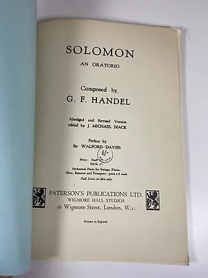 Vtg Handel SOLOMON Original Vocal Score 1928 Patersons Publications Diack .-.-.- • £7.79