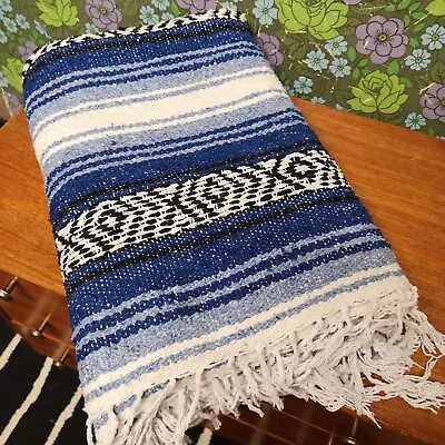 Blue Mexican Woven Stripy Falsa Yoga Blanket Throw • £23.99