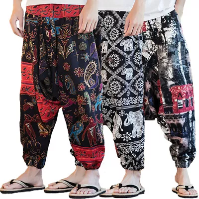 Men Ethnic Printed Thai Trousers Fisherman Hippie Yoga Drop Crotch Pants Bottoms • $21.74