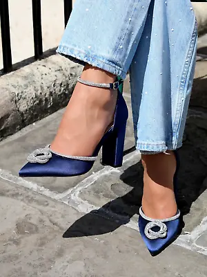 Linzi Shoes Flourish Navy Satin Block Heel With Intertwined Diamante Detail • £14.99