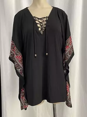 Michael Kors Top Tunic Womens M Butterfly Bell Sleeves Tie Front BOHO Black Red • $6.95