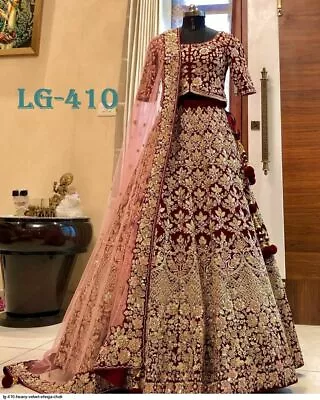 $66.07 • Buy Bridal Maroon Velvet Lehenga Choli Indian Lengha Chunri Ethnic Party Wear Saree 