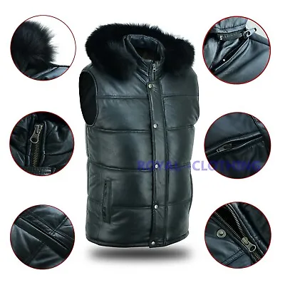 Mens Genuine Lambskin Leather Bubble Puffer Vest Black Fox Fur Hood  All Sizes • $198.99