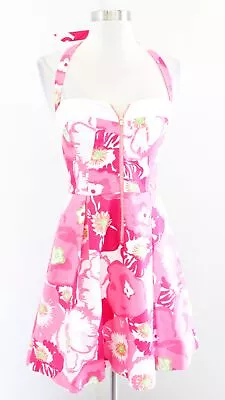 Lilly Pulitzer Marisa Hotty Pink Cherry Begonias Floral Halter Fit Flare Dress 0 • $59.99