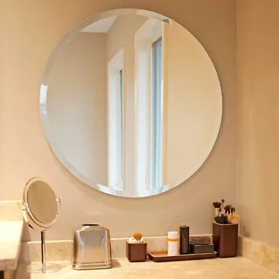 Frameless Round Wall Mirror Polished Edge Finish Punch Free Hall Bathroom Decor • £18.94