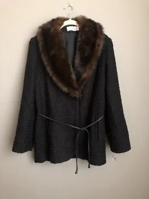 New! Madeline Alorna Black Textured Coat Leather Tie Waist Faux Fur Collar Sz 14 • $45