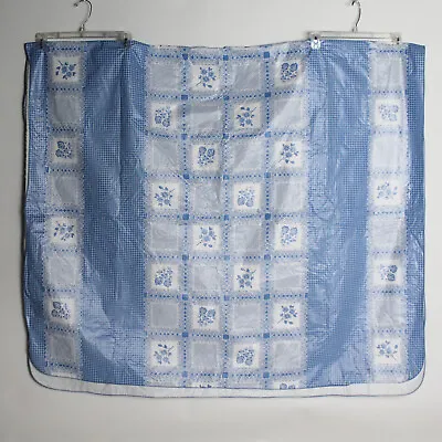Vintage Flannel Backed Vinyl Tablecloth Blue White Floral Checked Straight Hem • $11