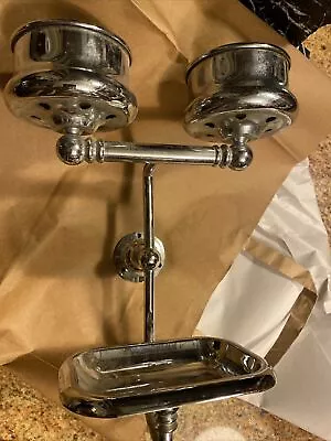 VTG ANTQ BATHROOM SOAP / DOUBLE CUP HOLDER XL 11x8 Chrome?  Brass? • $175