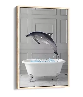 Dolphin In Bathtub Panel Wall Quirky Float Effect Canvas Bathroom Art Print • £29.99