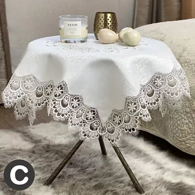 Luxury White Damask Lace Woven 36  Square Tablecloth Crochet Traditional Antique • £12.95