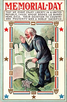 Memorial Day Postcard Old Man Saluting Gravestone G.A.R. Military Patriotic • $10