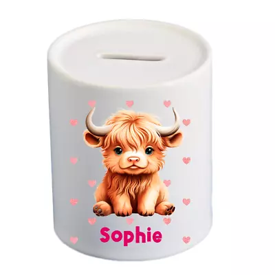 Baby Highland Cow Personalised Money Box Piggy Bank Printed On Both Sides • £9.97