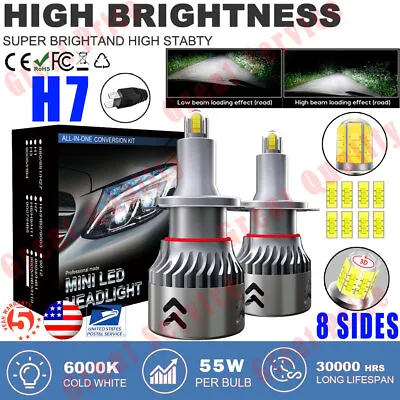 8 Sides H7 Car LED Headlight Lamp Kit 110W 40000LM 360° Car Bulbs Xenon White 6K • $21.84