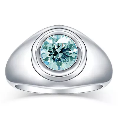 2.04 Ct Vvs1+Round Blue White Moissanite Diamond Dome Bezel Men's Silver Ring • £0.80