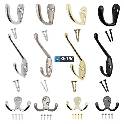 Coat Hooks Twin Robe Door Dress Bathroom Hanger Chrome Brass Nickel Black Screws • £1.98