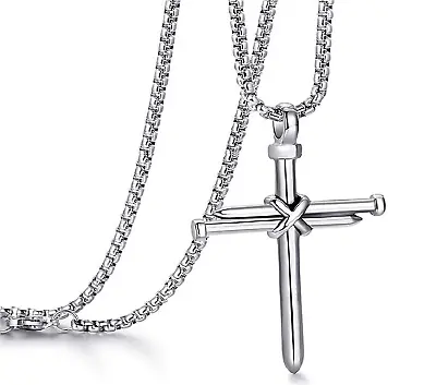 24  Chain Mens Titanium Steel Nail Cross Pendant Necklace Silver Plated • $5.30