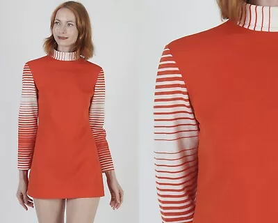 Vtg 60s Mod Micro Mini Dress Red Wht Striped Sleeve High Collar Go Go Frock • $70.30