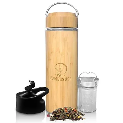 Bamboo Thermos Tea Infuser Strainer Tea Tumbler With 2 Interchangeable Lids. • $21.50