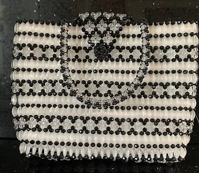MOD Purse Black & Clear Plastic Beads White Lining Handles Clasp • $22