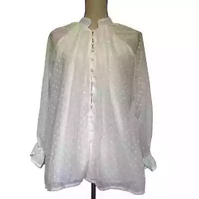 CHIC ME Swiss Dot Mandarin Collar Womens Blouse Size M White Long Sleeve Sheer • $32.94