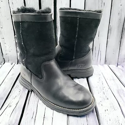 UGG Womens 7 Brooks Leather Sheepskin Mid Calf Boots Black 5381 Western  • $29