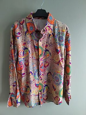 60's 70's Colourful Loud Psychedelic Paisley Shirt S Small 16  Pit-Pit 28 L NWT  • £25