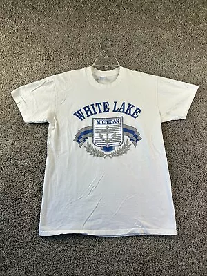 VINTAGE 90s White Lake Michigan Shirt Mens Large White Blue Velva Sheen * • $19.79