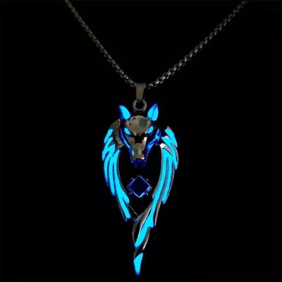 Retro Silver Plating Blue Luminous Wolf Head Pendant Necklace For Men Jewelry • $0.01