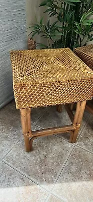 Vintage Mid Century Bamboo Rattan Stool Side Table Coastal Décor 1960's • $120
