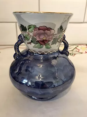 Maling Blue Lustre Peony Rose Twin Handled Vase 6.5” • £8