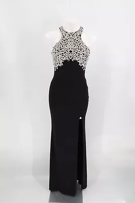 La Femme Women Size 2 Black Jewel Crepe Gown Formal Front Slit Sleeveless Dress • $36.22