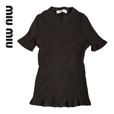 Vintage Miu Miu 90s Y2k Short Sleeve Ribbed Dark Brown Sweater Top • $149