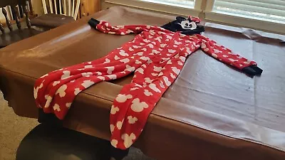 Disney Minnie Mouse Womens Hooded Pajamas PJ Sz SM One Piece Fleece Plush TAIL • $18.95