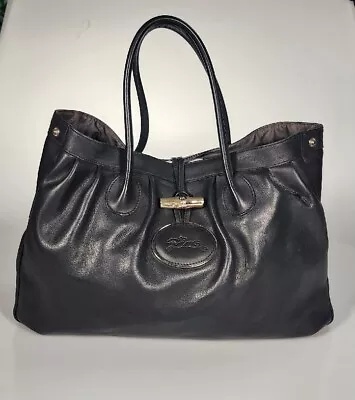 Longchamp Roseau Heritage Black Leather Large Tote Satchel Bag Purse FRANCE  • $115