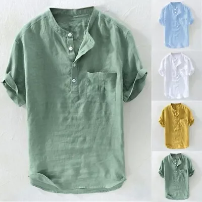 Durable Practical Tops Shirts Collarless Holiday Men Short Sleeve Soft • $14.87