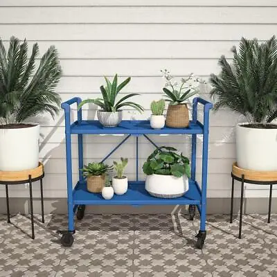 $138.03 • Buy Folding Serving Cart With Wheels And 2 Shelves Metal Blue