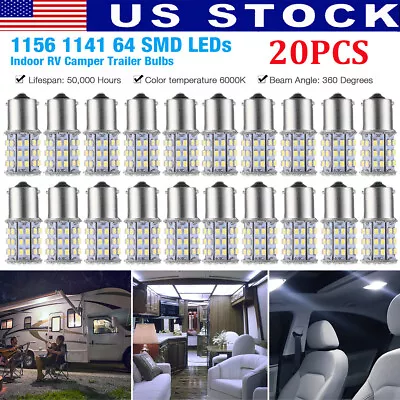 20x Super Bright White 1156 RV Trailer 64-SMD LED BA15S 1141 Interior Light Bulb • $16.98