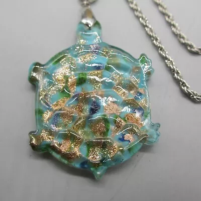 Vtg Necklace Dichroic Fused Glass Turtle Pendant Glitter Silver Tone Chain 15  • $18