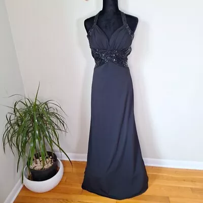 Vtg Black Beaded Gown Maxi Dress Formal Prom Pagent Goddess Sequin Halter Size M • £48.25