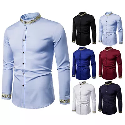 Mens Formal Grandad Shirt Long Sleeve Business Mandarin Collar Smart Shirts  • $23.84