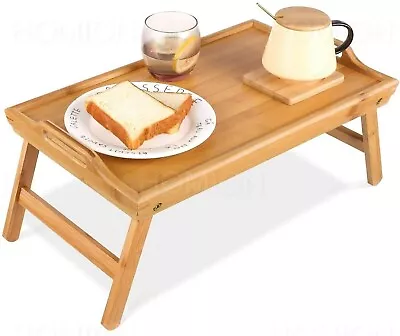 Bamboo Wooden Breakfast Serving Lap Tray Over Bed Table With Folding Legs • £13.35