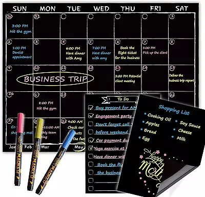 Magnetic Chalkboard Monthly Calendar With Neon Bright Liquid Chalk Markers – Bla • $21.24