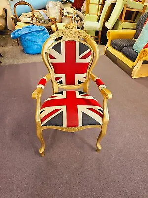 £300 • Buy French Louis Rococo Style Carver Chair Gold Frame Union Jack Fabric Gold Studs