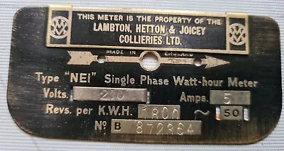 Coal Mine Lambton Collieries LTD Electrical Meter BRASS Plate DURHAM / BEAMISH • £33