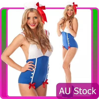 $29.50 • Buy Ladies Sailor Uniform Navy Costume 50s Rockabilly Pin Up Fancy Dress Up & Hat