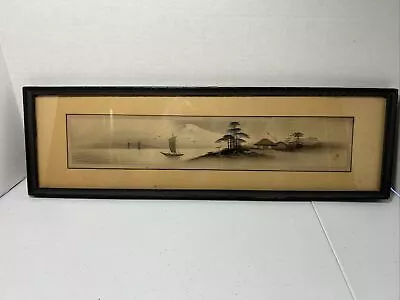 Vintage Japanese Framed Print With Boat And Mountain Gold Accents • $15