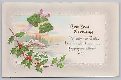 Holiday~New Year~Holly & Flower Bells~Winter Scene~Stecher 337A C1913 Postcard • $2.80